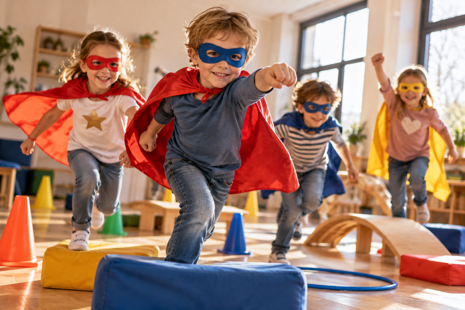 Kinder beim HELDENTRAINING mit Superheldenumhängen